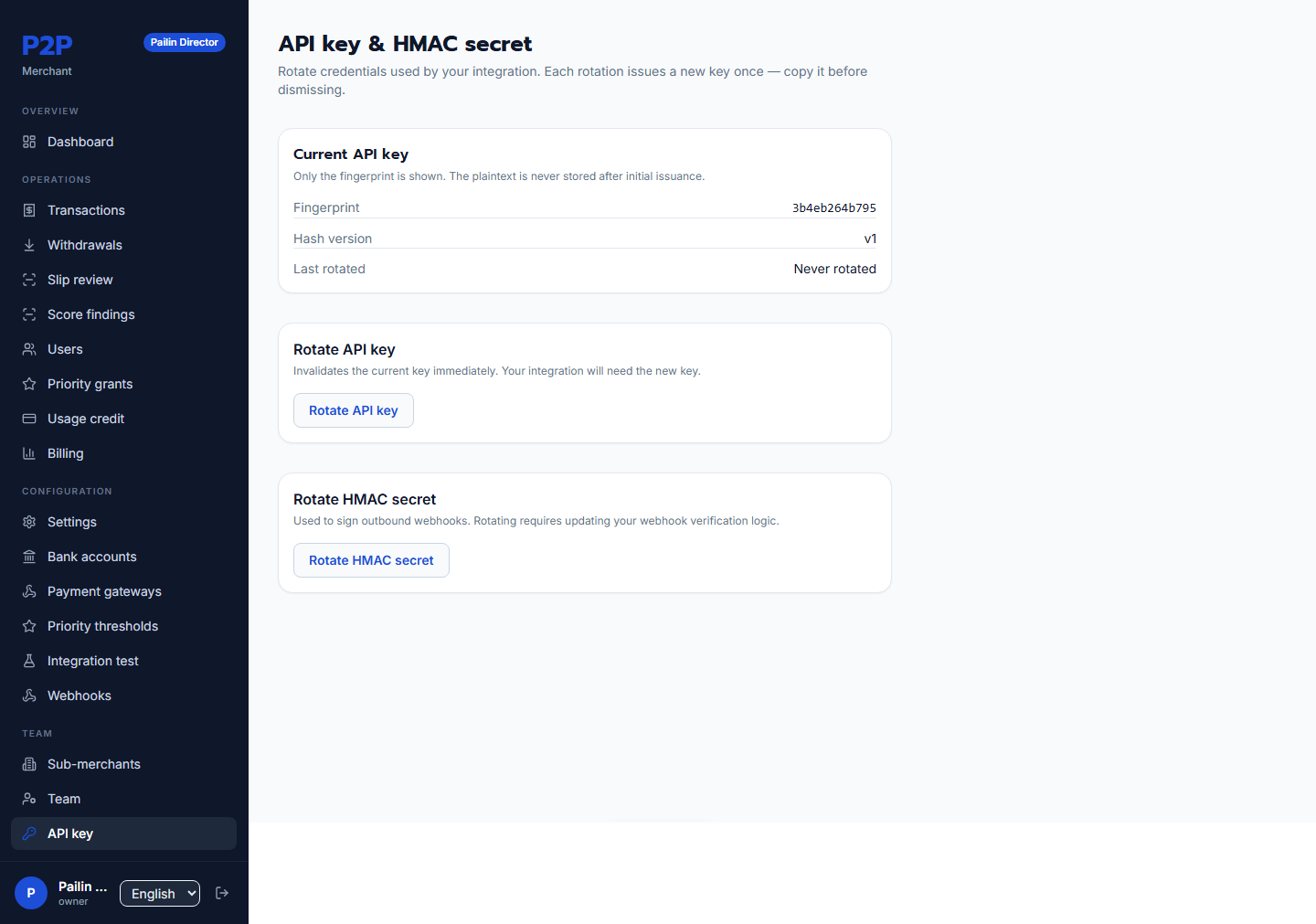 การหมุน API key และ HMAC secret