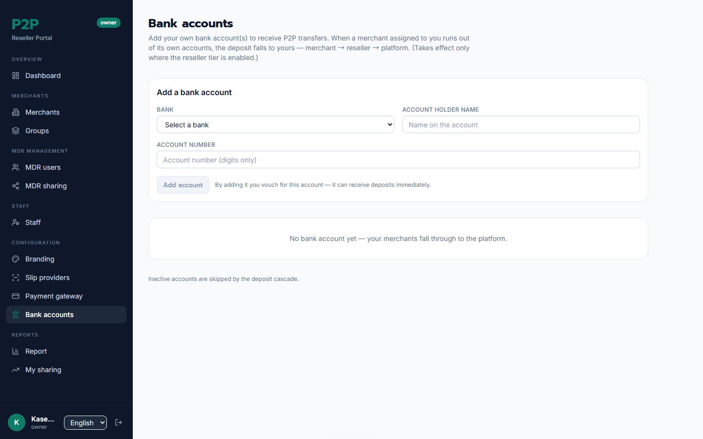 The reseller bank-accounts screen